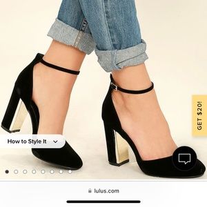 Lulus Laura black velvet ankle strap heels